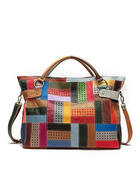 Women's Genuine Leather Tote Multicolor Patchwork Hollow Shoulder Handbag Purse